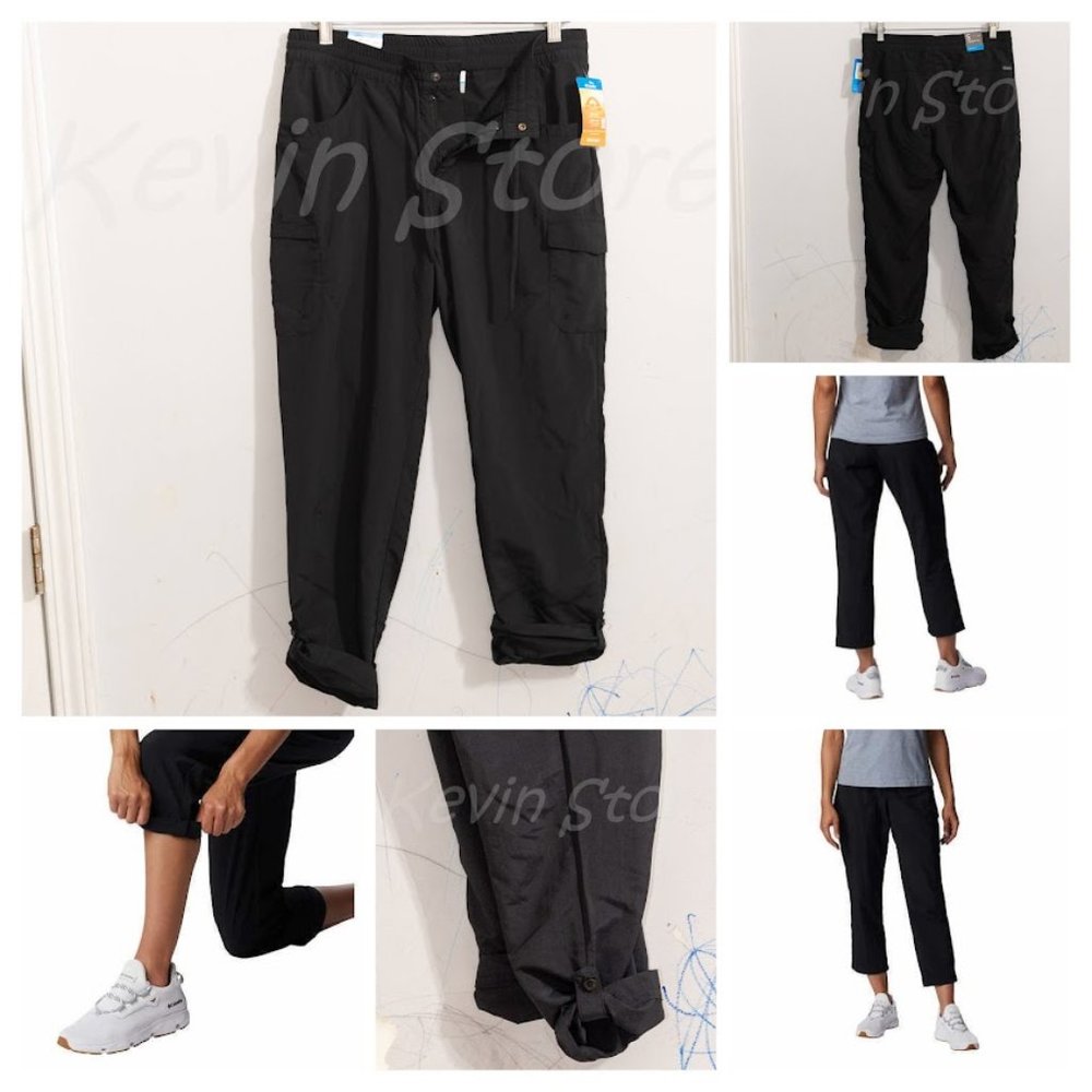 Columbia Womens Cargo Pants Black Woodland Hills Water-Resistant Pockets Roll-Up